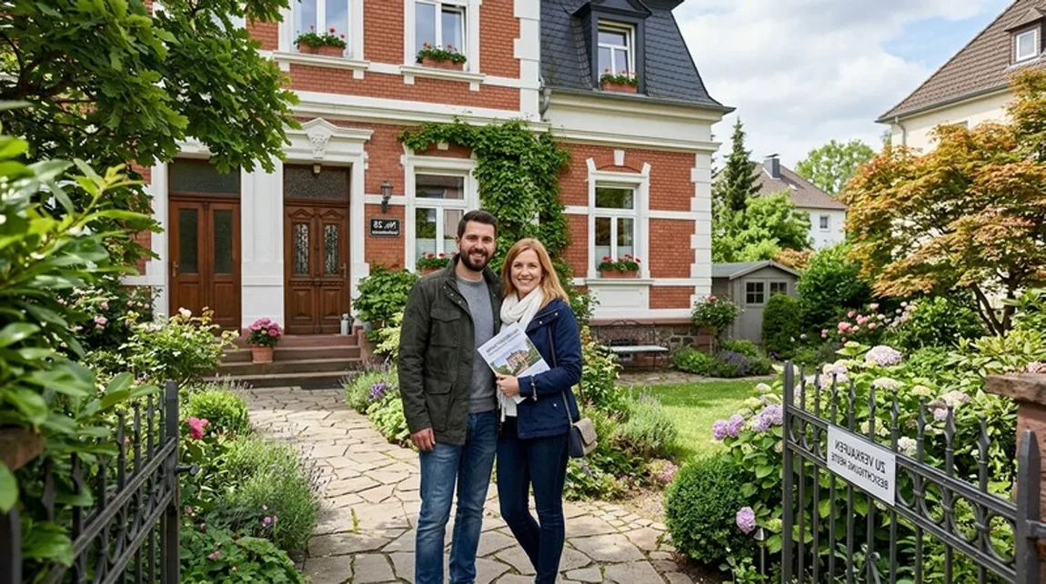 Frist Haus Paar Steht Vor Garten Besichtigung Frankfurt - Spekulationsfrist Ratgeber
