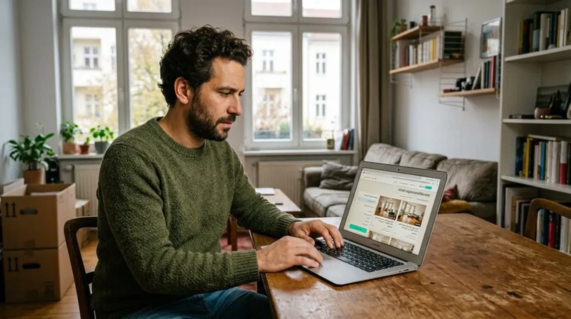 Frist Laptop Mann Immobilien Anzeigen Wohnzimmer Sucht Berlin - Spekulationsfrist Ratgeber