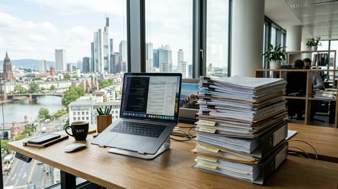 Immobilienverkauf Dokumente Gestapelt Schreibtisch Laptop Daneben Frankfurt - Spekulationsfrist Ratgeber
