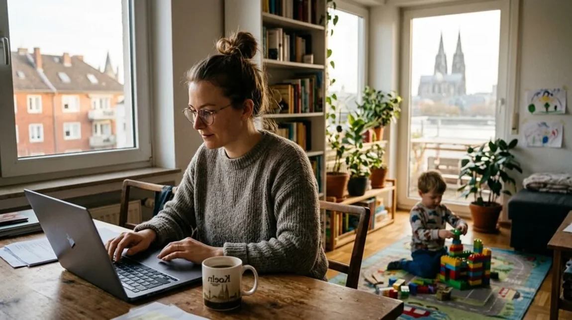 Immobilienverkauf Wohnzimmer Mann Laptop Headset Videocall Muenchen