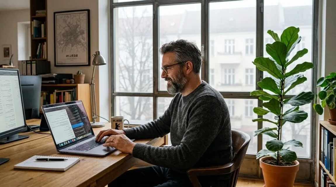 Steuer Videocall Mann Schreibtisch Buero Laptop Berlin