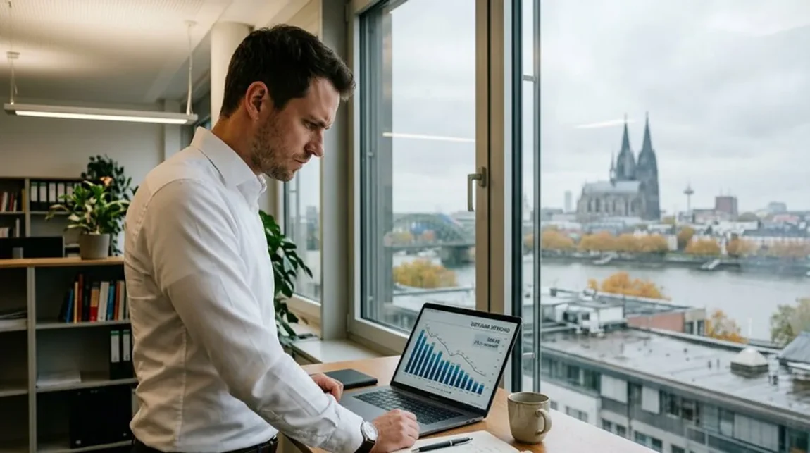 Immobilienverkauf Laptop Mann Diagramm Wachstum Analyse Buero Koeln - Spekulationsfrist Ratgeber