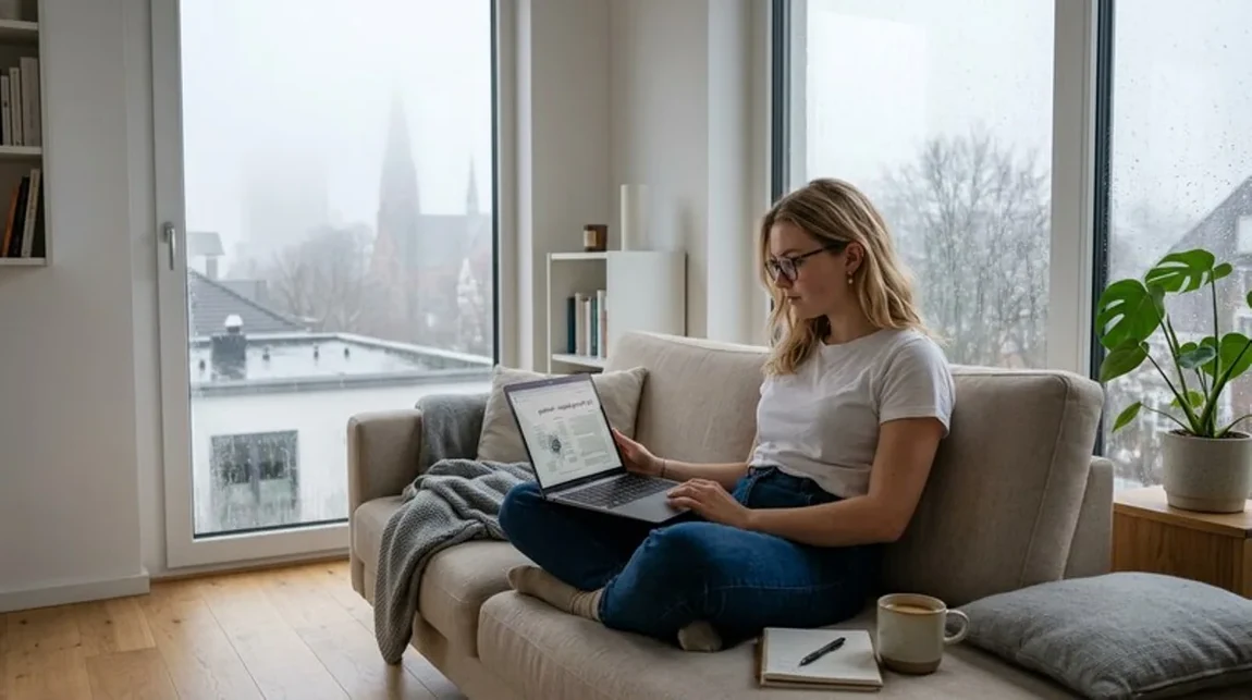 Immobilienverkauf Liest Frau Dokumente Laptop Sofa Fenster Hamburg - Spekulationsfrist Ratgeber