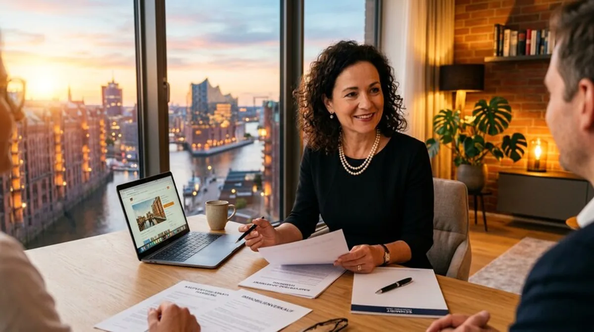 Makler Frau Wohnung Verkauf Bespricht Tisch Unterlagen Hamburg Spekulationsfrist - Spekulationsfrist Ratgeber