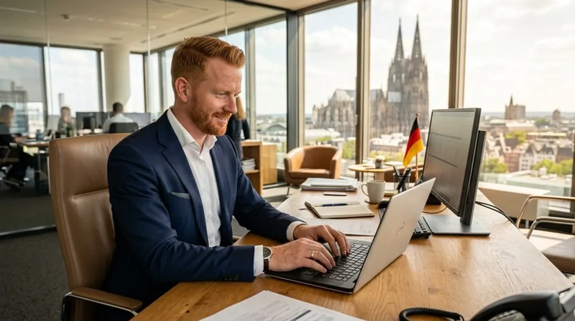 Spekulationsfrist Abends Mann Buero Laptop Licht Schreibtisch Muenchen