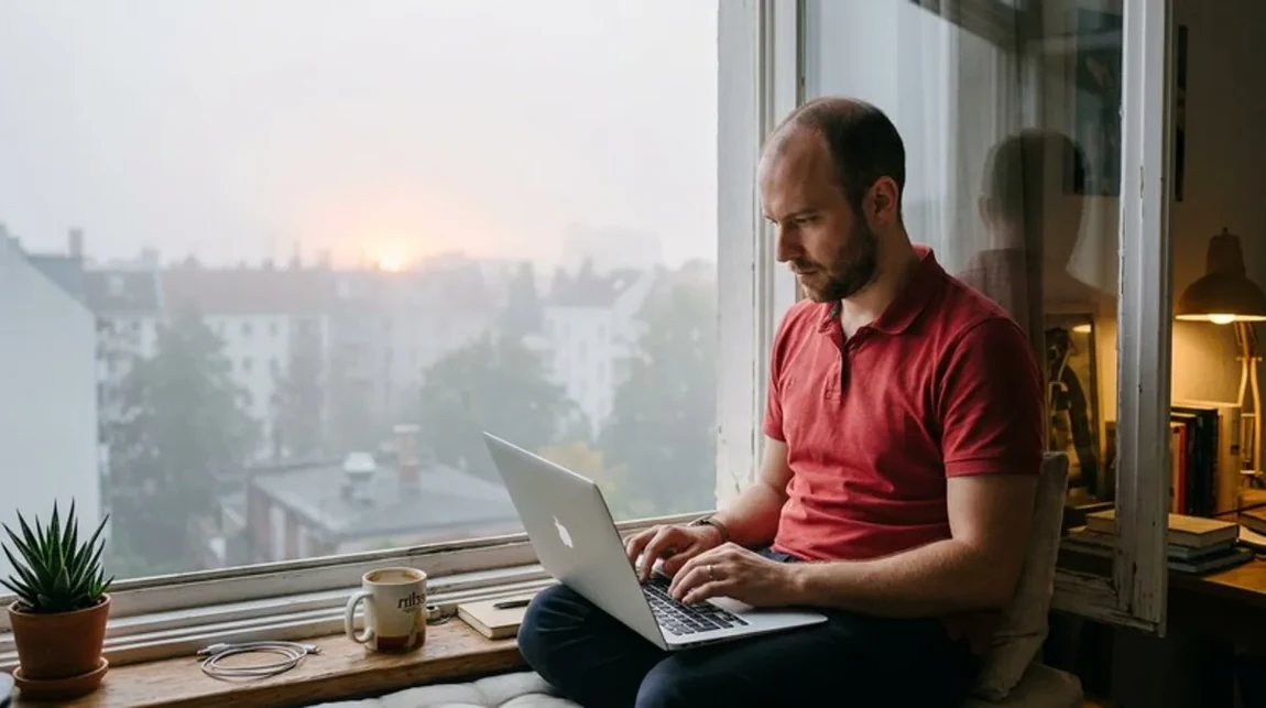 Spekulationsfrist Fensterbank Mann Laptop City Aussicht Berlin - Spekulationsfrist Ratgeber
