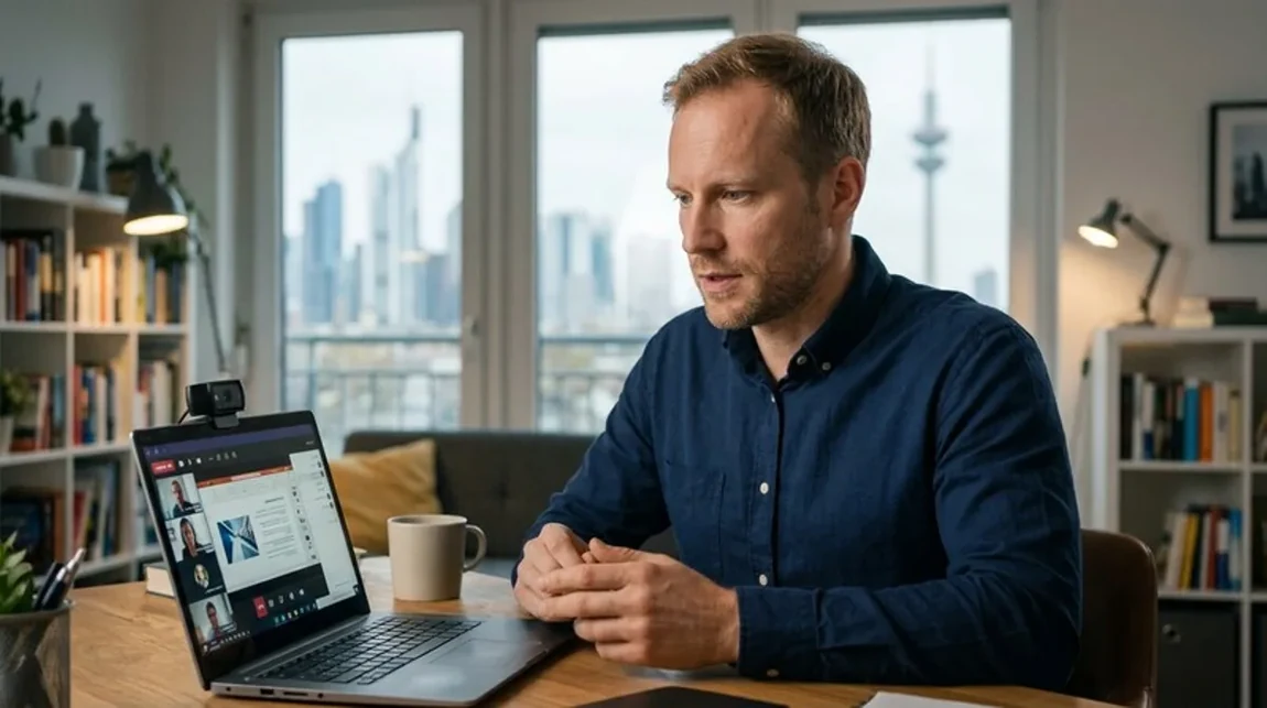 Spekulationssteuer Laptop Mann Schaut Bildschirm Wohnzimmer Abends Berlin