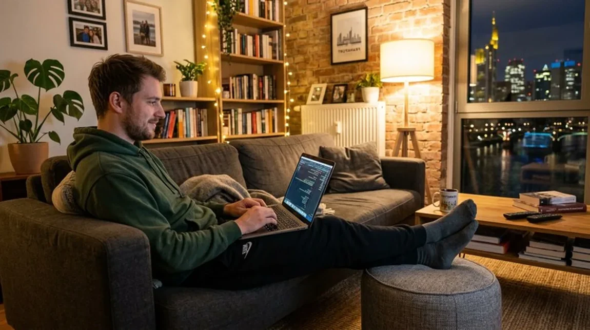 Immobilienverkauf Notizbuch Stift Laptop Tisch Cafe Sonnenlicht Frankfurt