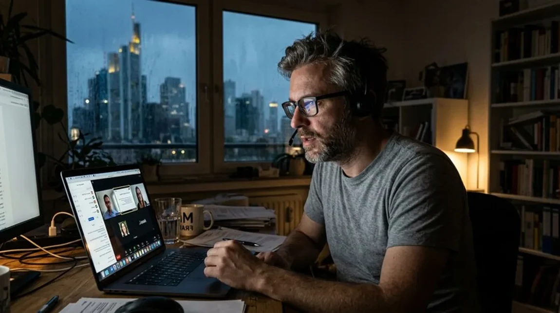 Spekulationsfrist Abends Mann Buero Laptop Licht Schreibtisch Muenchen