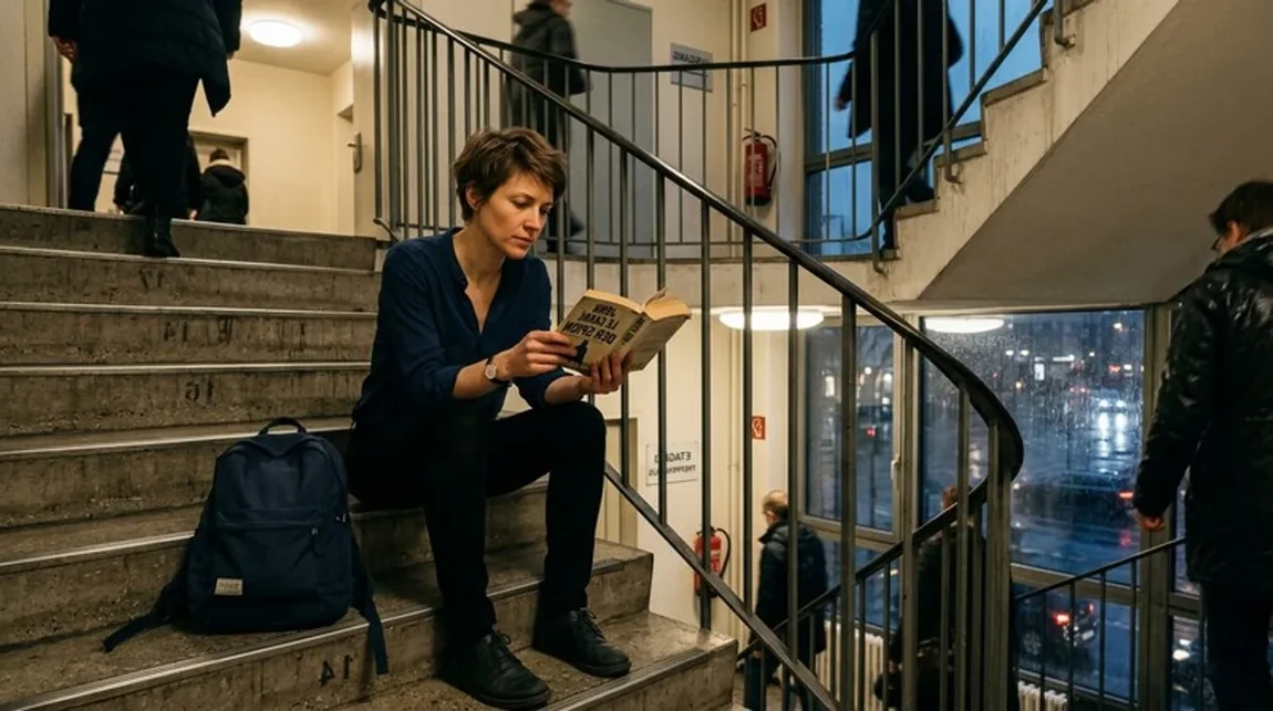 Spekulationssteuer Handy Frau Treppe Buero Liest Eilig Berlin - Spekulationsfrist Ratgeber