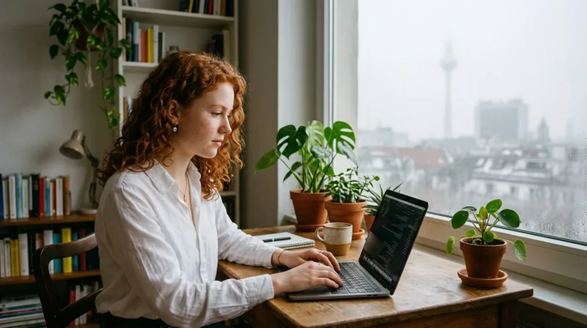 Spekulationssteuer Homeoffice Frau Laptop Pflanzen Regal Hintergrund Berlin - Spekulationsfrist Ratgeber