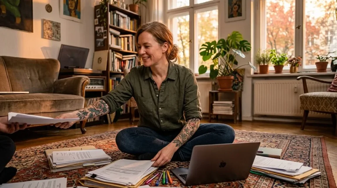 Spekulationssteuer Wohnzimmer Frau Boden Laptop Unterlagen Verteilt Berlin - Spekulationsfrist Ratgeber