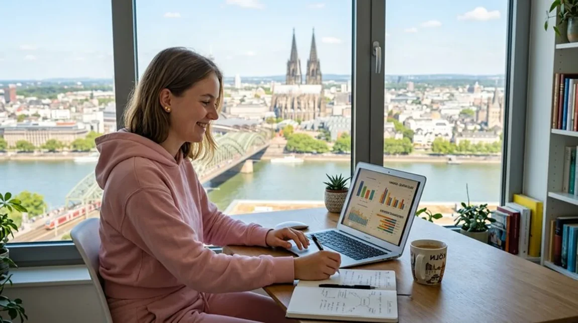 Steuer Analyse Frau Laptop Charts Morgens Hell Schreibtisch Koeln - Spekulationsfrist Ratgeber