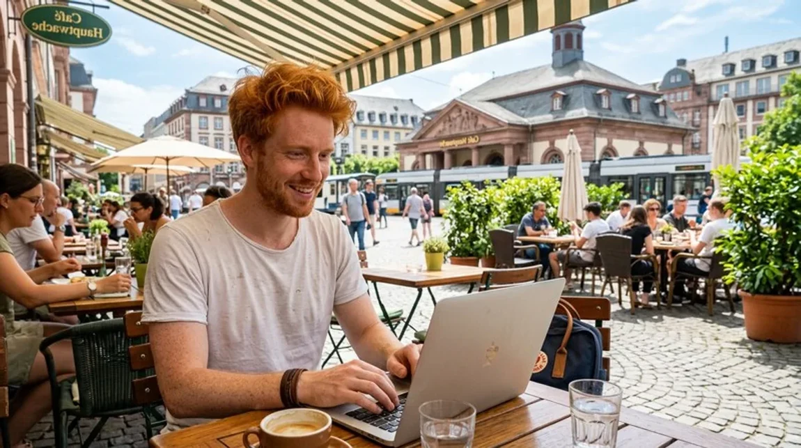 Steuer Cafe Mann Terrasse Laptop Sommertag Frankfurt - Spekulationsfrist Ratgeber