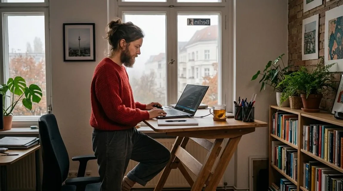 Steuer Homeoffice Frau Stehschreibtisch Laptop Hell Berlin - Spekulationsfrist Ratgeber
