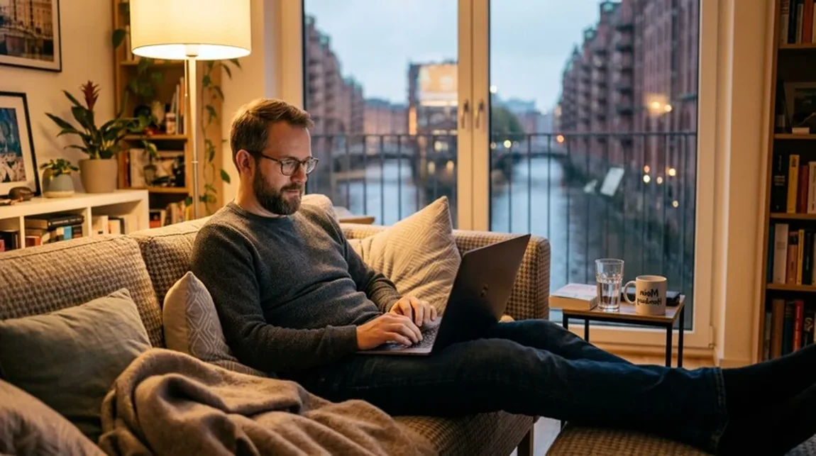 Steuer Laptop Mann Wohnzimmer Abends Couch Kissen Hamburg - Spekulationsfrist Ratgeber
