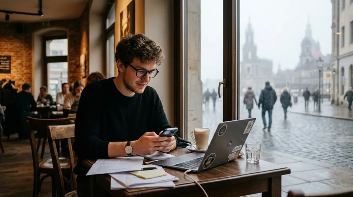 Steuer Telefoniert Mann Cafe Laptop Offen Unterlagen Tisch Dresden - Spekulationsfrist Ratgeber