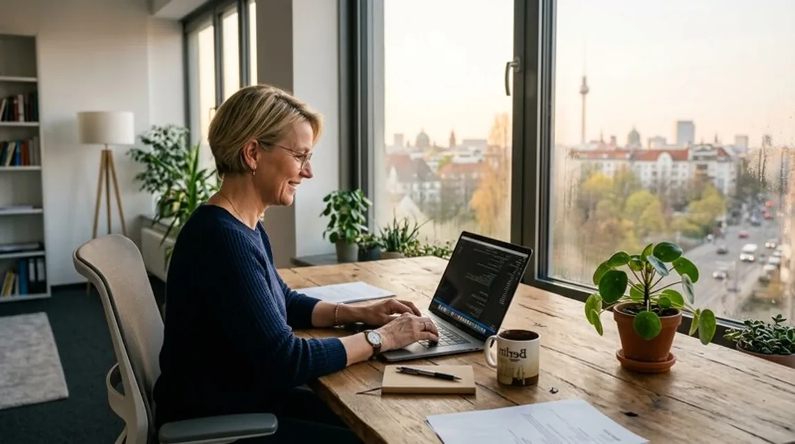 Steuer Tippt Frau Laptop Grossraumbuero Schreibtisch Berlin - Spekulationsfrist Ratgeber