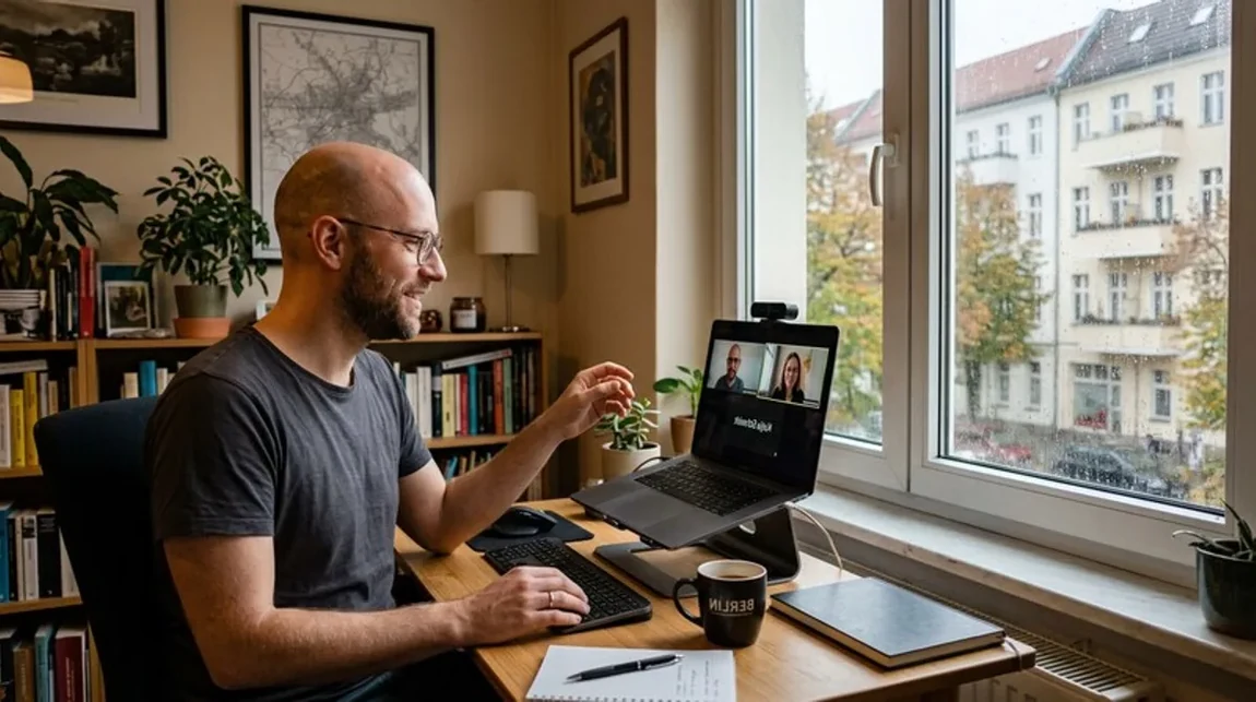 Steuer Videocall Mann Schreibtisch Buero Laptop Berlin - Spekulationsfrist Ratgeber